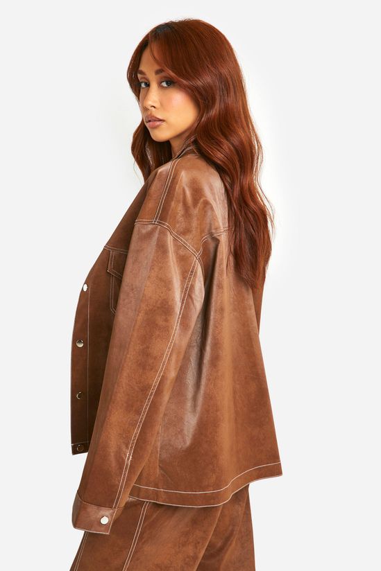 Contrast Trim Vintage Look Faux Leather Jacket