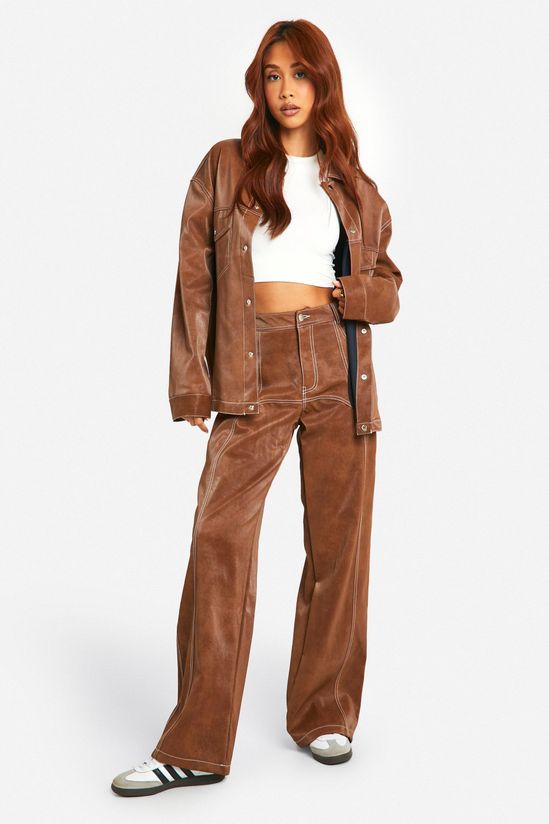 Contrast Trim Vintage Look Faux Leather Jacket