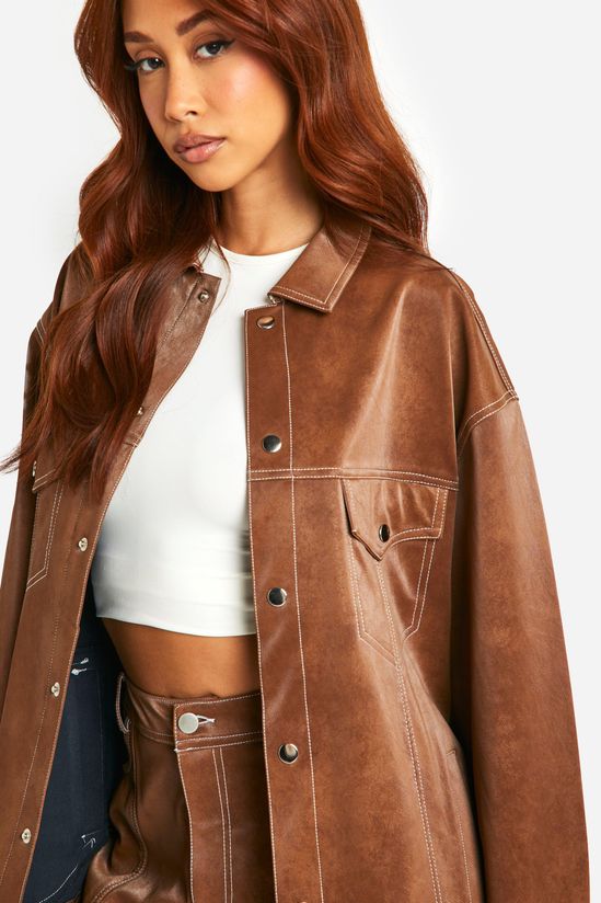 Contrast Trim Vintage Look Faux Leather Jacket