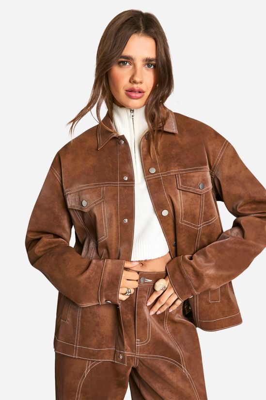 Contrast Trim Vintage Look Faux Leather Jacket