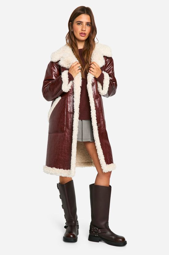 boohoo Faux Leather Teddy Trim Longline Aviator Jacket