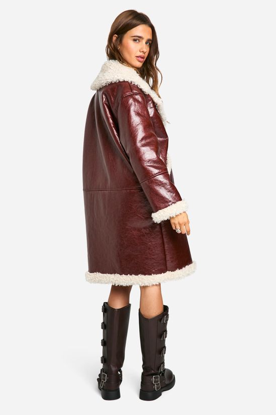 boohoo Faux Leather Teddy Trim Longline Aviator Jacket