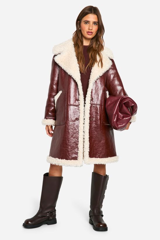 boohoo Faux Leather Teddy Trim Longline Aviator Jacket