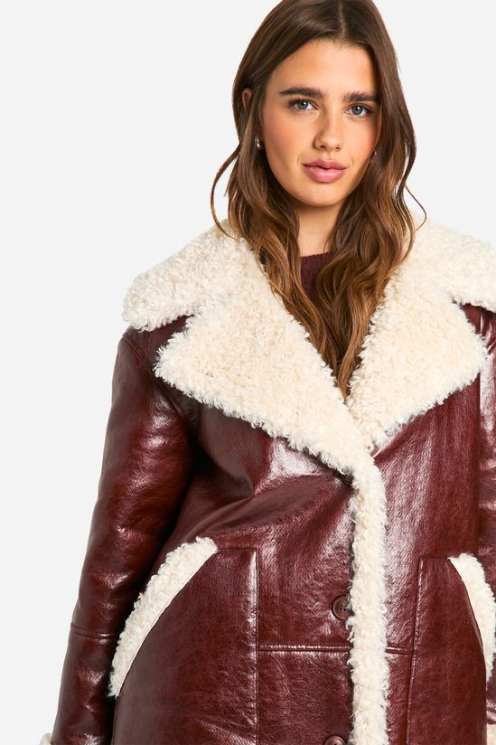 boohoo Faux Leather Teddy Trim Longline Aviator Jacket