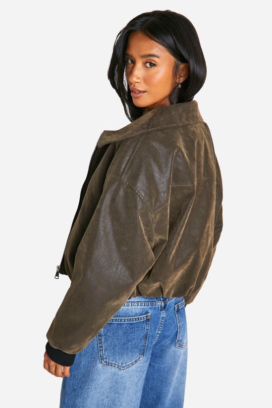 Petite Vintage Look Faux Leather Bomber Jacket