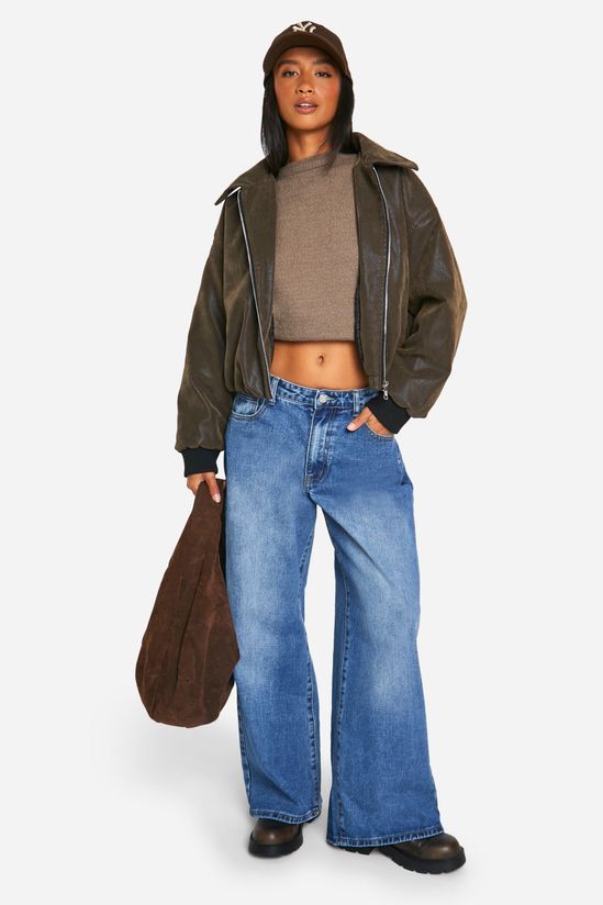 Petite Vintage Look Faux Leather Bomber Jacket