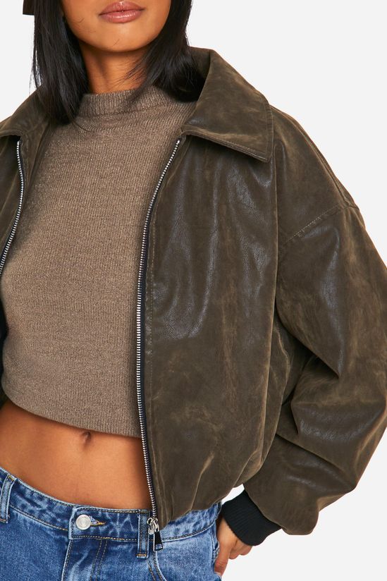 Petite Vintage Look Faux Leather Bomber Jacket