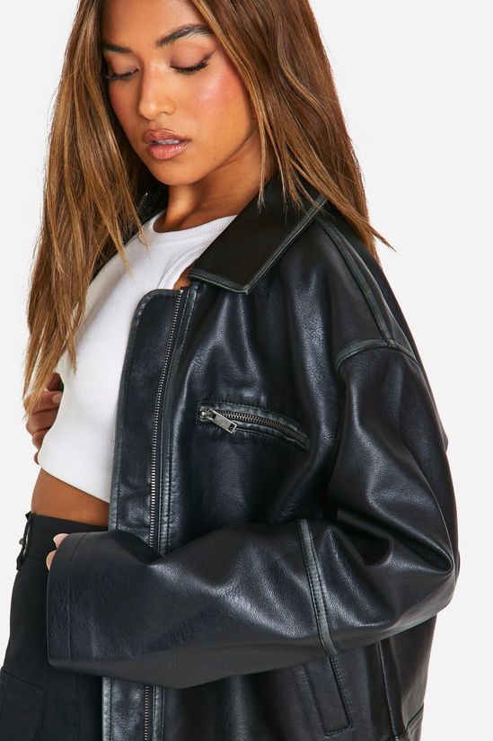 Petite Vintage Look Faux Leather Zip Jacket