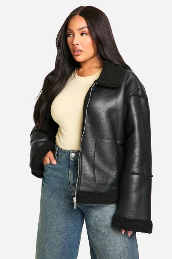 Plus Teddy Trim Faux Leather Jacket