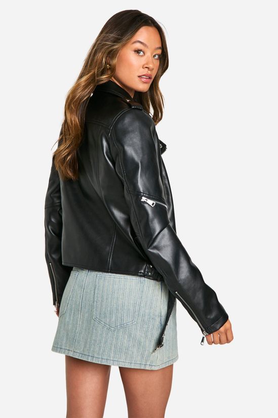 Tall Belt Detail Faux Leather Biker Jacket