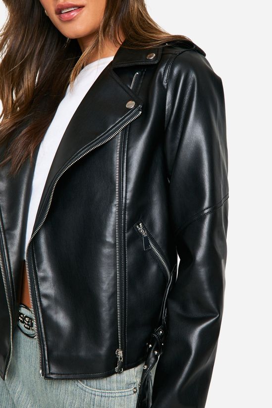 Tall Belt Detail Faux Leather Biker Jacket