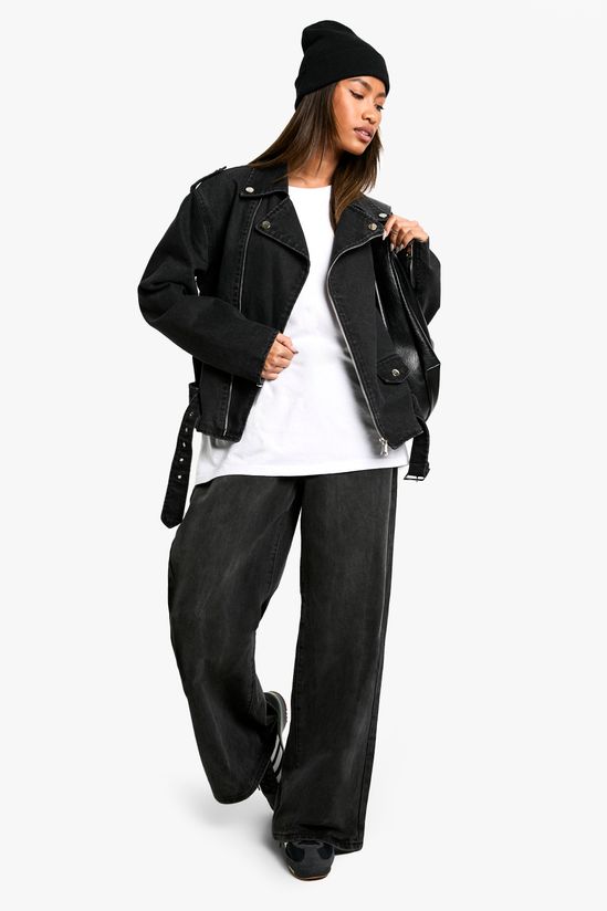 Belted Denim Biker Jacket