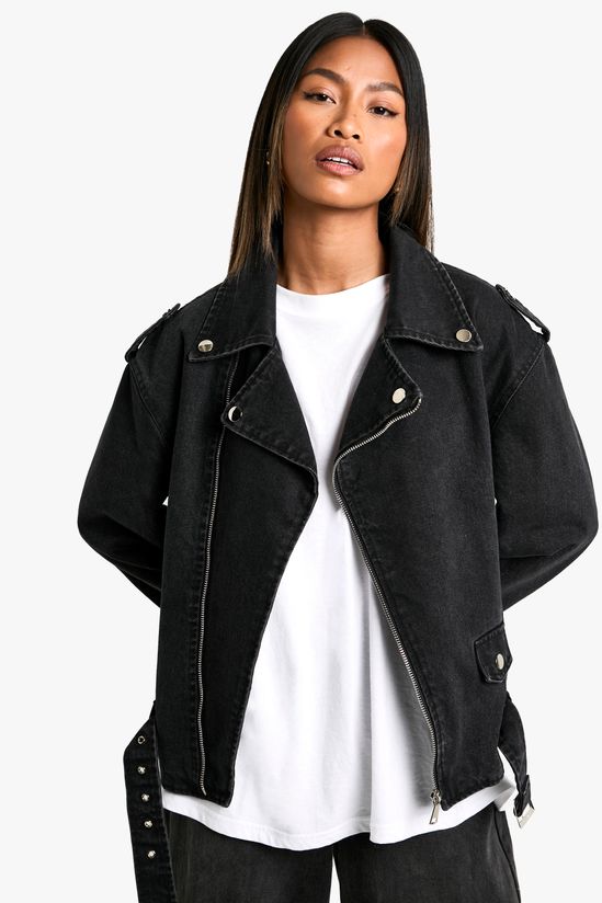 Belted Denim Biker Jacket