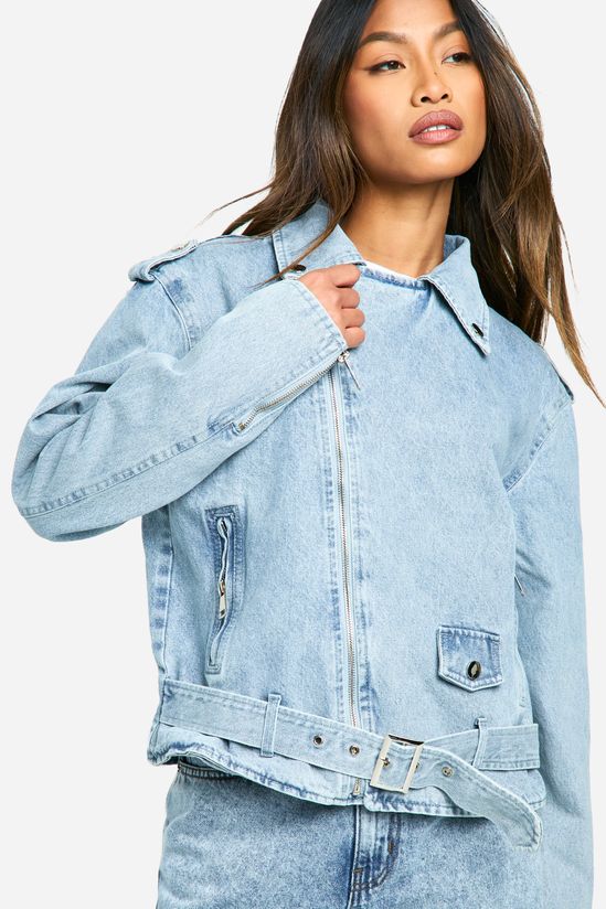 Belted Denim Biker Jacket