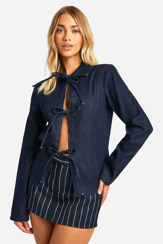 Bow Detail Tie Front Denim Shacket