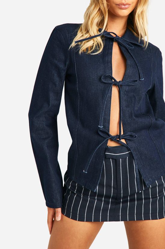 Bow Detail Tie Front Denim Shacket