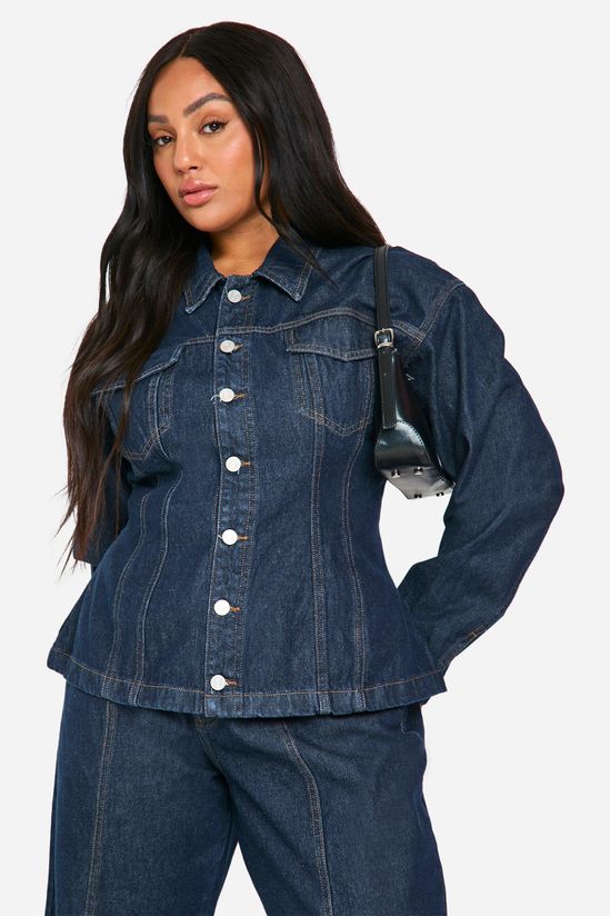 boohoo Plus Cinched Waist Contrast Stitch Raw Indigo Denim Jacket