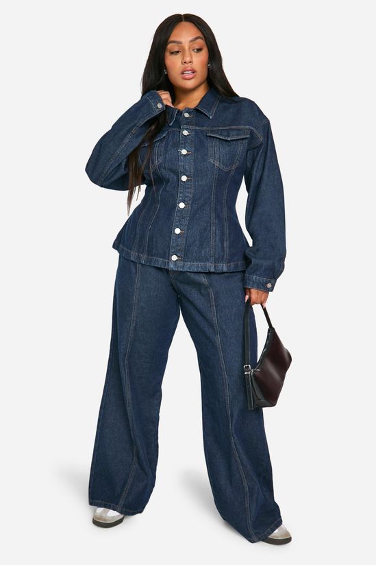 boohoo Plus Cinched Waist Contrast Stitch Raw Indigo Denim Jacket