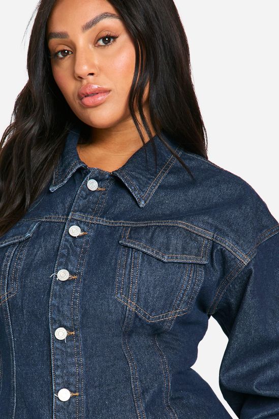 boohoo Plus Cinched Waist Contrast Stitch Raw Indigo Denim Jacket