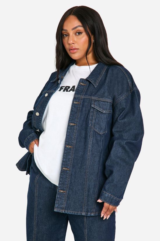 boohoo Plus Oversized Contrast Stitch Raw Indigo Denim Jacket