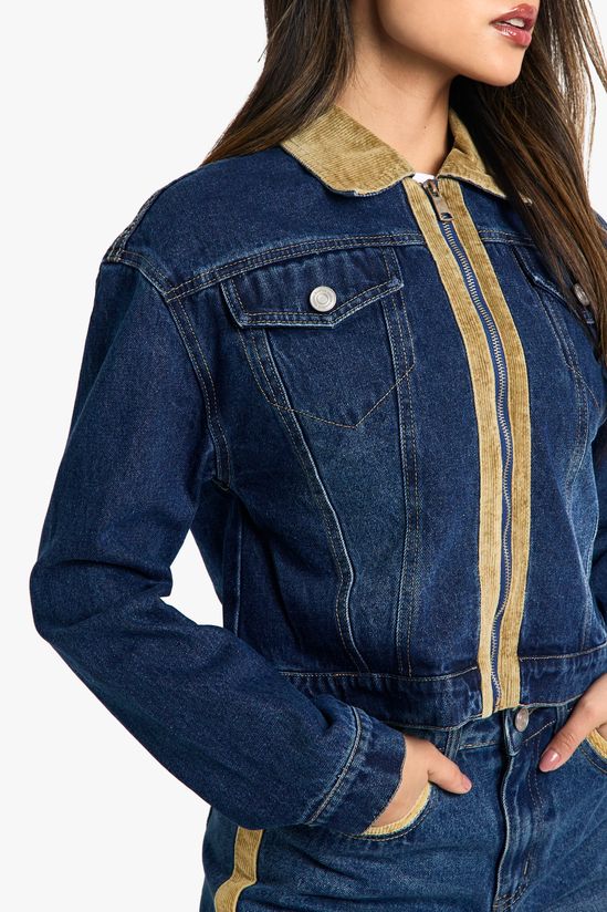 Cord Trim Detail Fitted Denim Jacket
