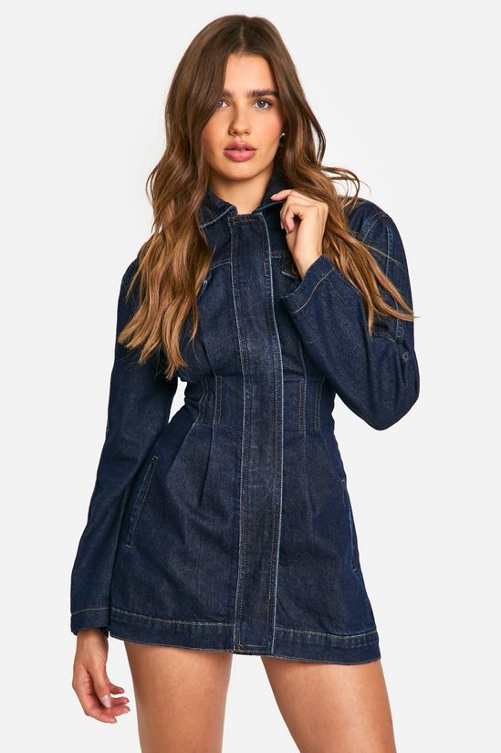 Cinched Waist Denim Western Shirt Dress