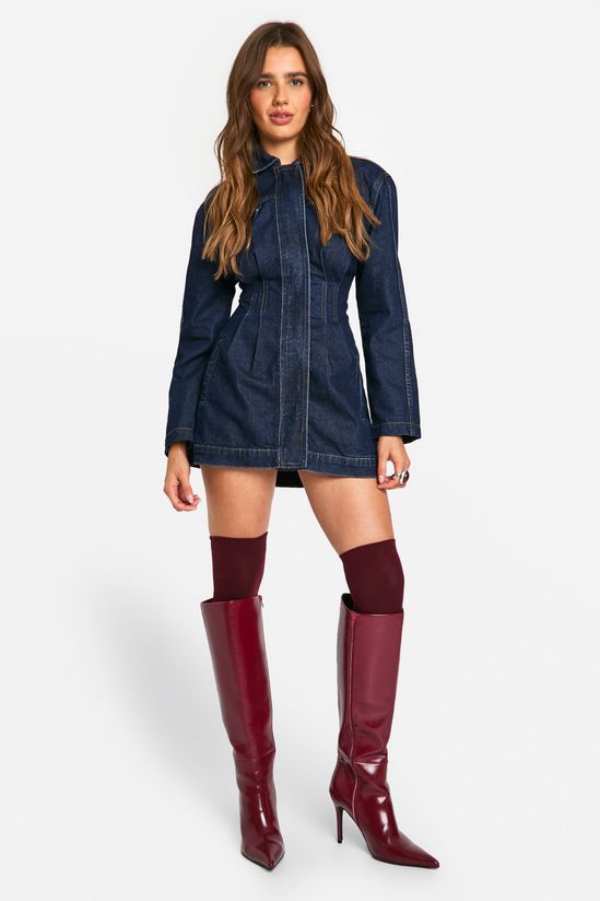 Cinched Waist Denim Western Shirt Dress