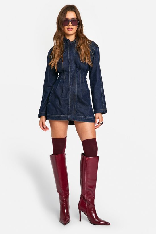 Cinched Waist Denim Western Shirt Dress
