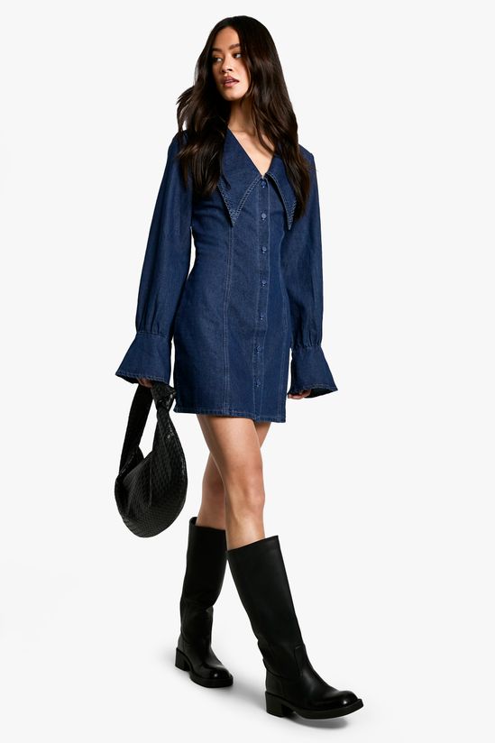Tall Collar Detail Denim Shift Dress