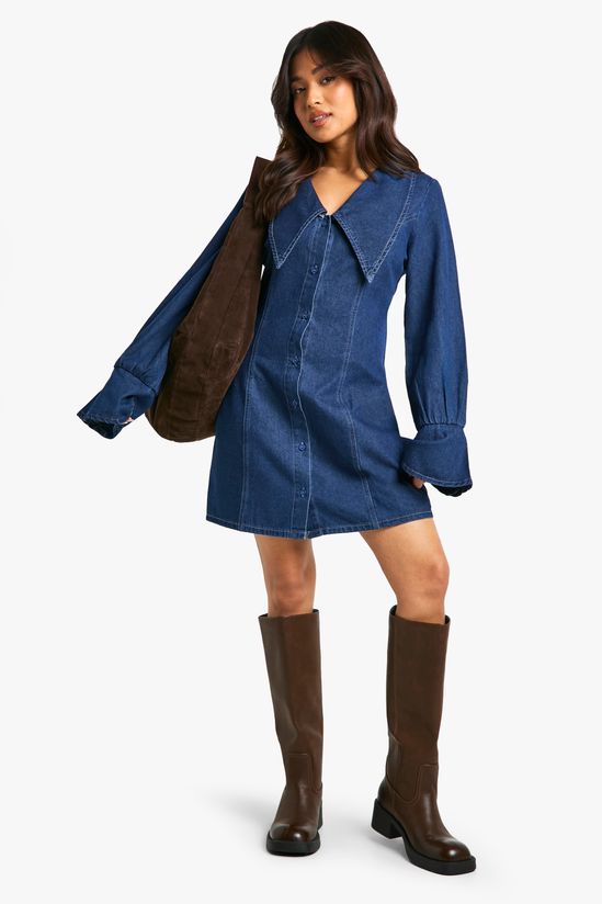 Petite Collar Detail Denim Shift Dress