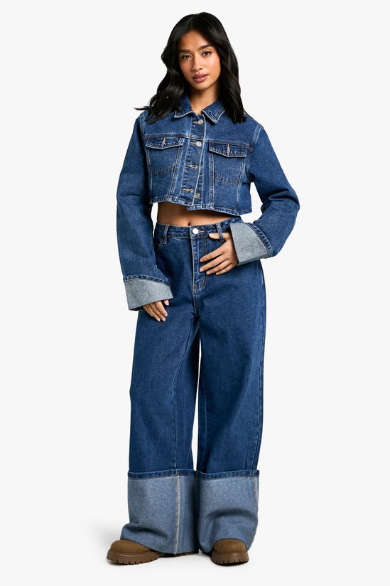 Petite Turn Cuff Crop Denim Jacket