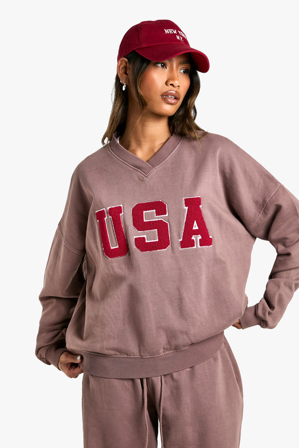 USA V Neck Oversized Sweatshirt