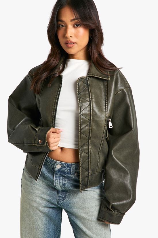 Petite Vintage Look Faux Leather Bomber Jacket
