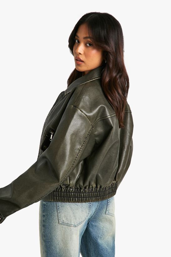 Petite Vintage Look Faux Leather Bomber Jacket