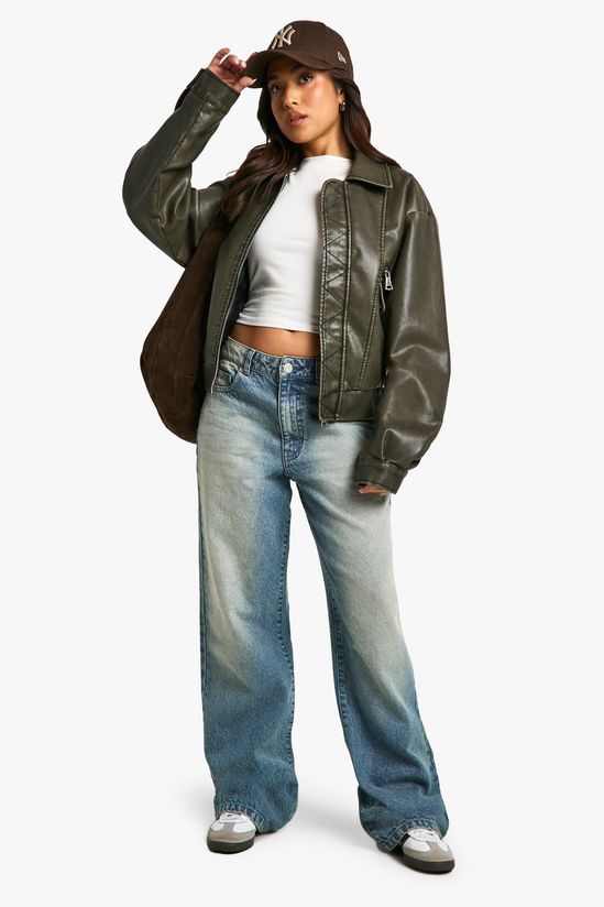 Petite Vintage Look Faux Leather Bomber Jacket