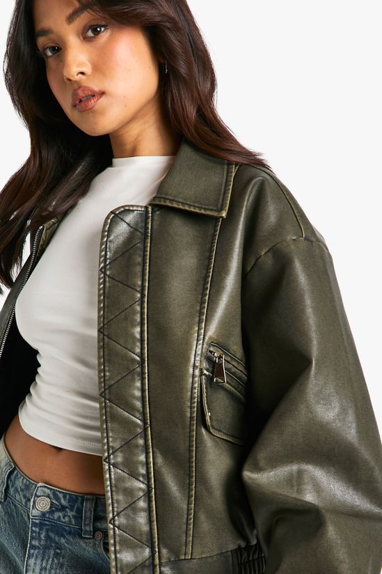 Petite Vintage Look Faux Leather Bomber Jacket