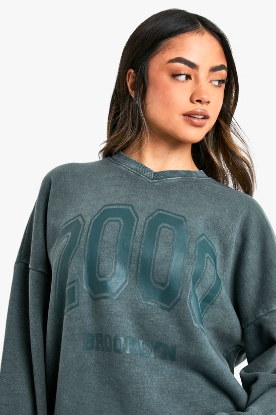 2000 Brooklyn Slogan V Neck Acid Wash Sweatshirt