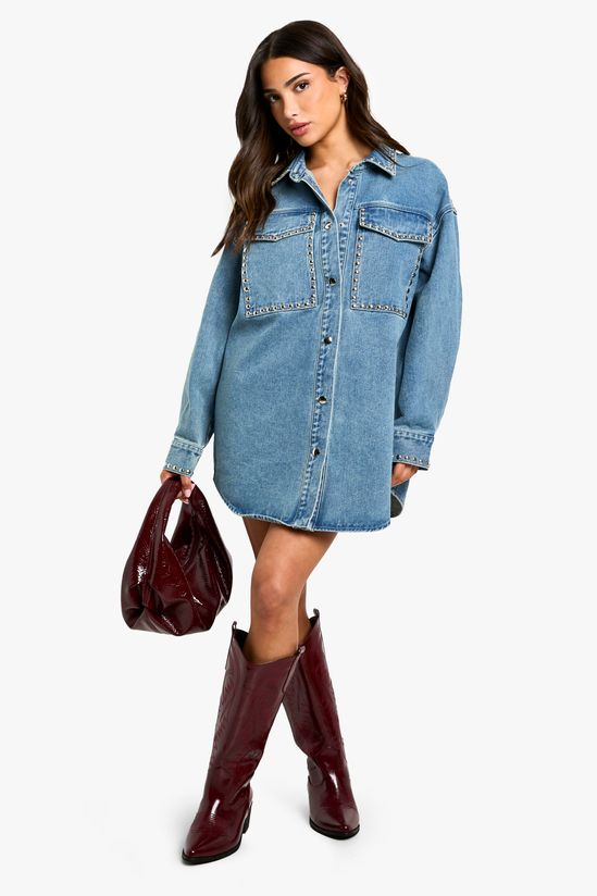 Petite Stud Detail Denim Oversized Shirt Dress