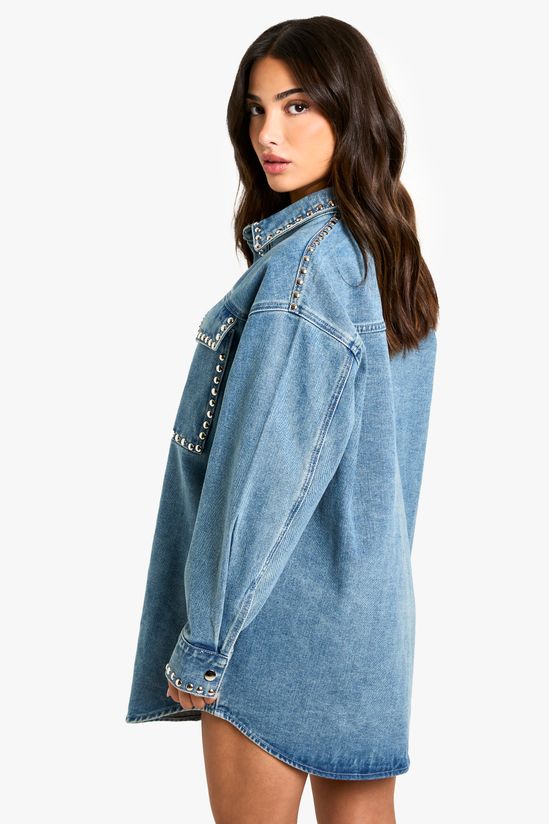 Petite Stud Detail Denim Oversized Shirt Dress