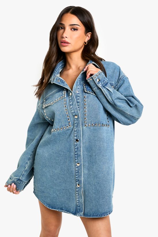 Petite Stud Detail Denim Oversized Shirt Dress