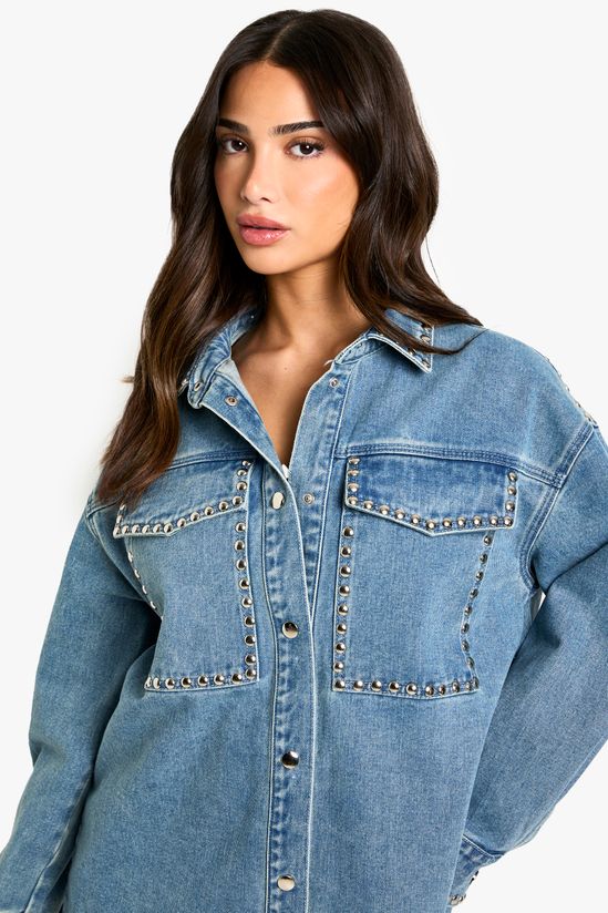 Petite Stud Detail Denim Oversized Shirt Dress