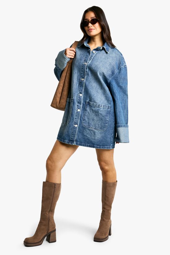 boohoo Tall Utility Turn Cuff Denim Oversized Shirt Dress