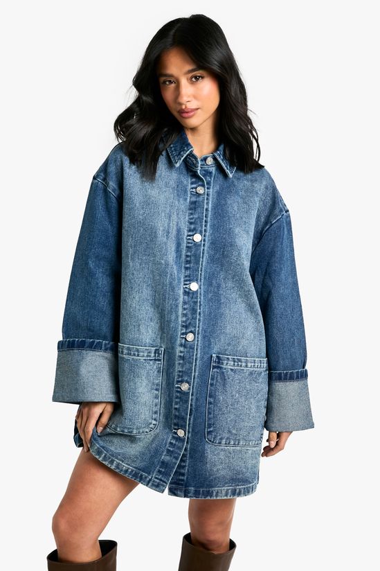 Petite Utility Turn Cuff Denim Oversized Shirt Dress