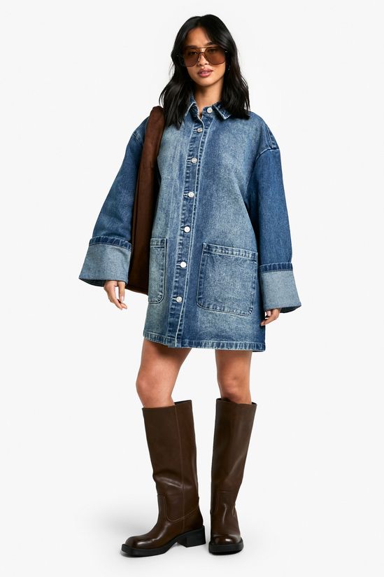 Petite Utility Turn Cuff Denim Oversized Shirt Dress