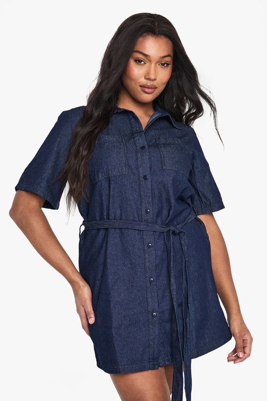 boohoo Plus Chambray Denim Tie Belt Dress