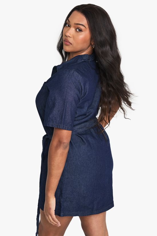 boohoo Plus Chambray Denim Tie Belt Dress