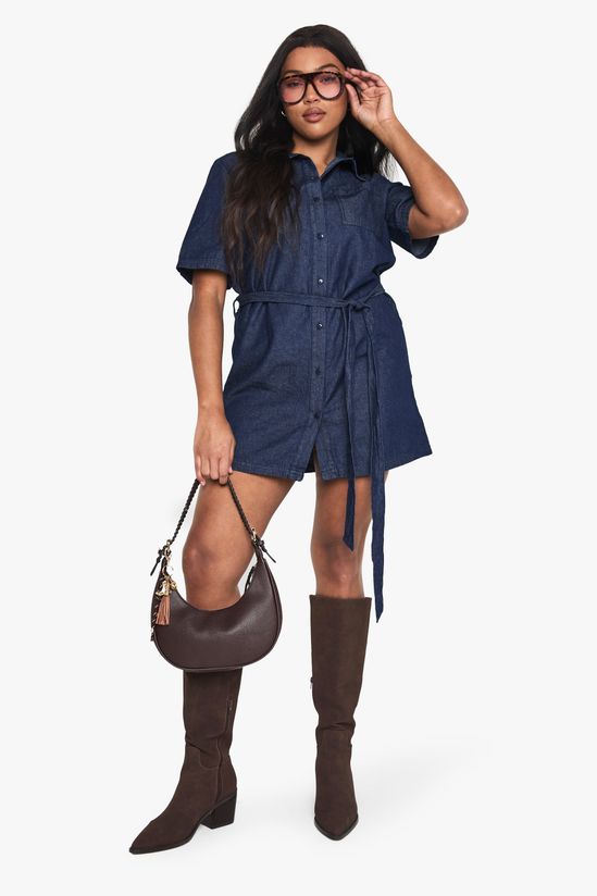 boohoo Plus Chambray Denim Tie Belt Dress