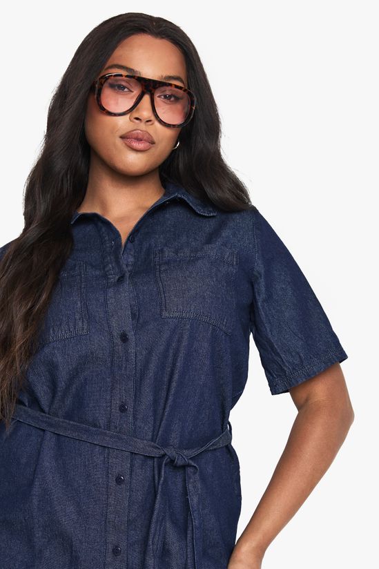 boohoo Plus Chambray Denim Tie Belt Dress