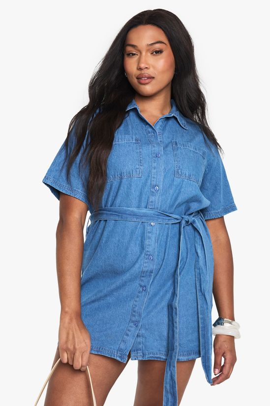 boohoo Plus Chambray Denim Tie Belt Dress