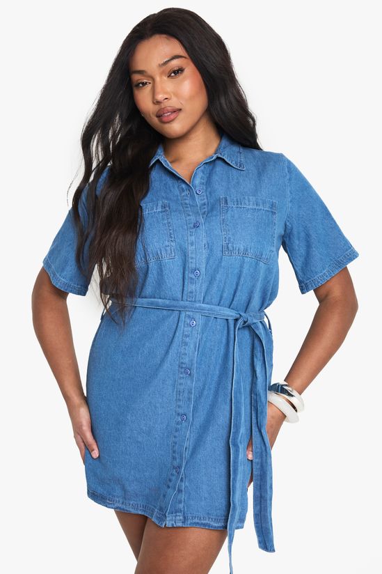 boohoo Plus Chambray Denim Tie Belt Dress
